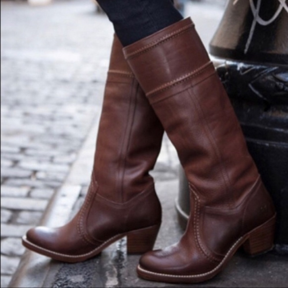 Frye Jane Dark Brown Leather Block Heel Tall Riding Boots Size 9